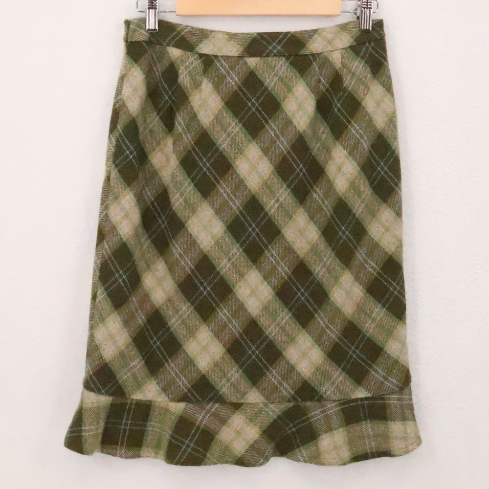 Ann Taylor Loft Plaid Ruffle Hem Skirt Womens Size 4 Green Wool Blend Academia - Picture 4 of 10